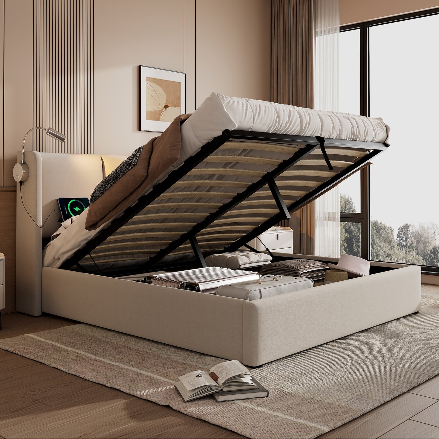 Upholstered Bed Double Bed Storage Storage Storage Light With USB Charging Headboard,Storage Beds Bed Frame Made Of Linen Material Youth Bed Bed 160x200 With Slatted Base Without Mattress