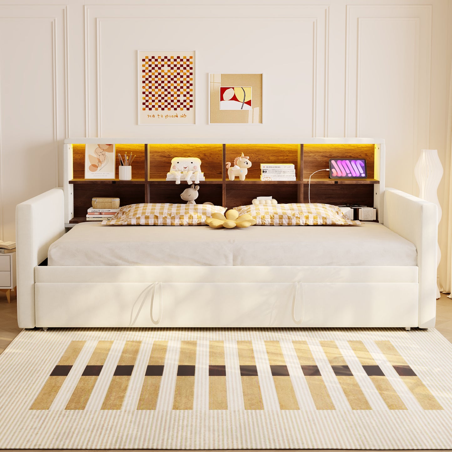 Upholstered Bed Sofa Bed 90x190cm, Headboard With Integrated Storage Compartments, LED Light Strip And Charging Sockets, With Pull-out Bed, Velvet Upholstery, Beige