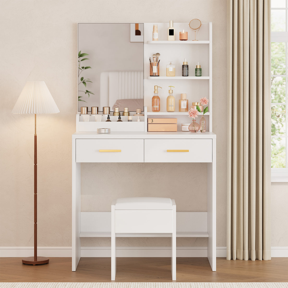 Vanity Table With Mirror 2 Drawers 3 Open Shelves Elegant White Makeup Desk For Bedroom Dorm Apartment
