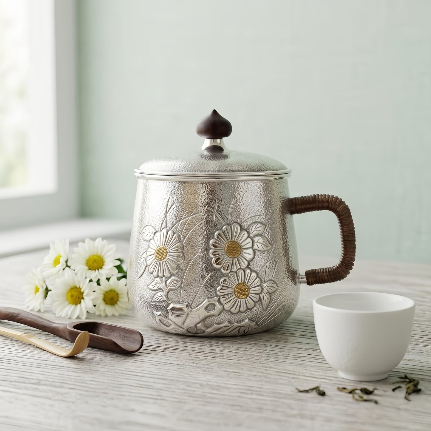 925 Sterling Silver Handcrafted Hammered Silver Tea Mug with Floral Motifs and Woven Handle - Handicraft