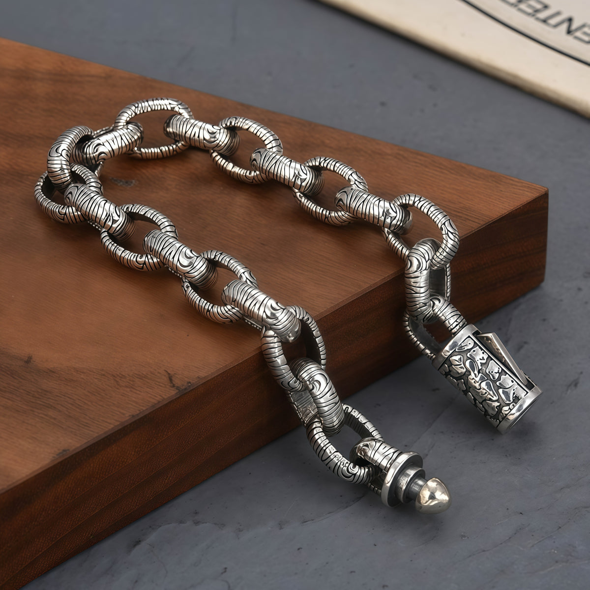 Antique Bark Textured Thick Oval Link Bracelet For Men, Copper Plated Silver Vintage Oxidized Biker Punk Heavy Duty Wrist Jewelry Gift