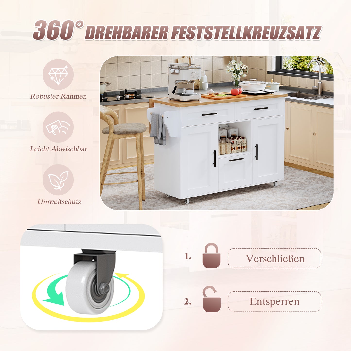 Kitchen Trolley Modern Nordic Style With 360 Universal Wheels, Storage Shelf With Drawers & Towel Rail, Folding Tray & Silent Spring Lock, Flexible Storage Design