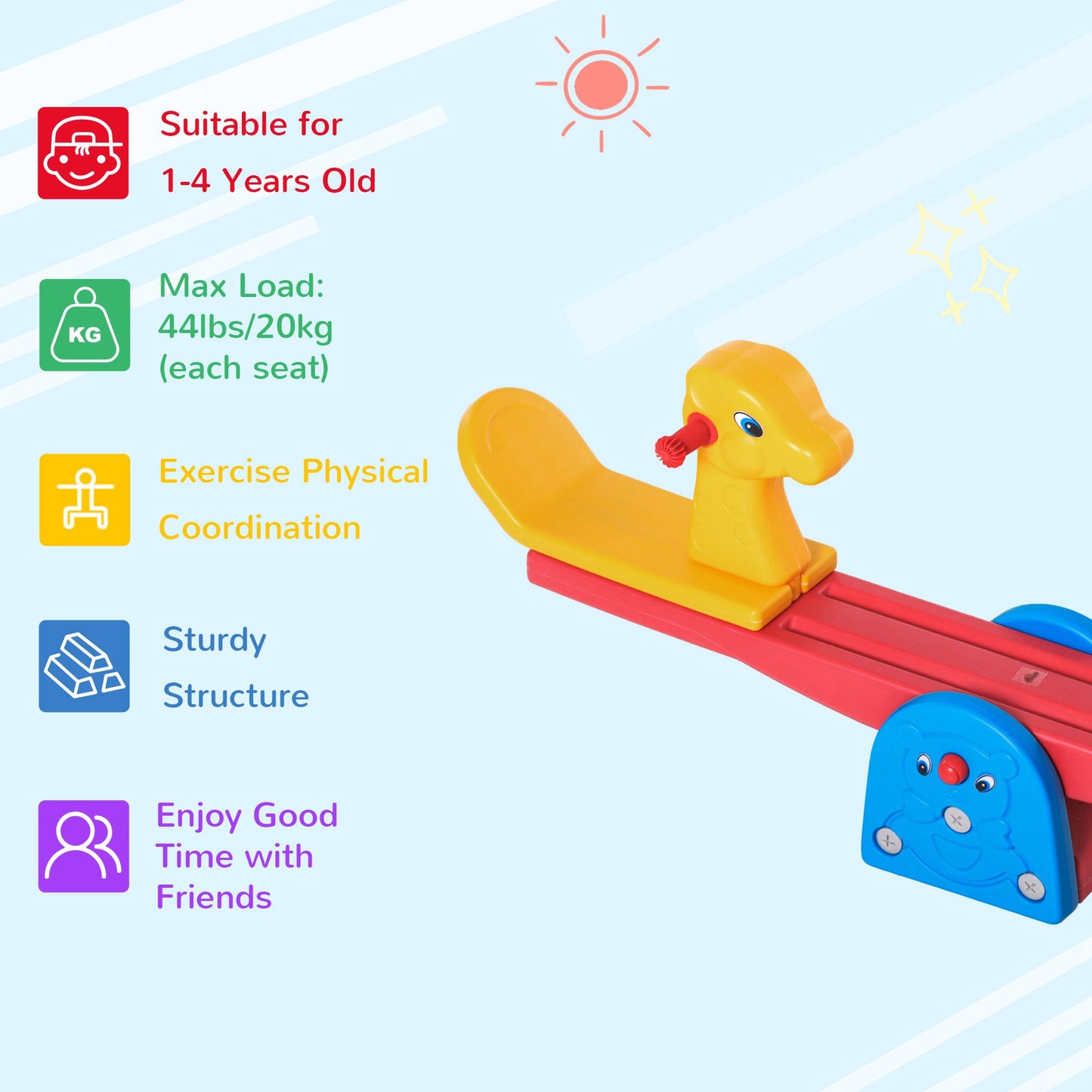 Kids Seesaw Safe Teeter Totter 2 Seats With Easy-Grip Handles, Safe, Indoor Outdoor Living Room Playroom Backyard Equipment, For 1-4 Years Old Multicolor