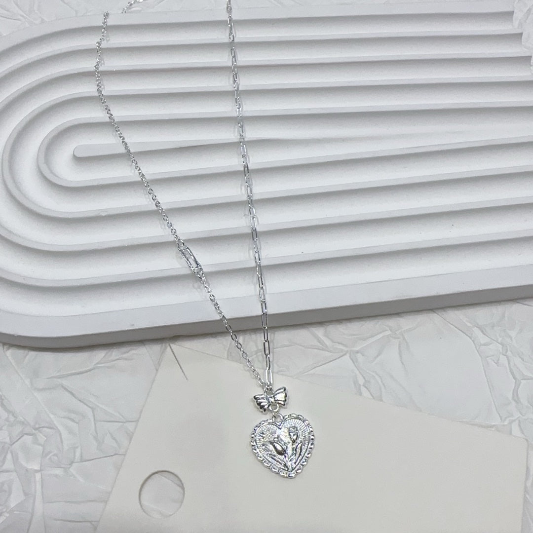 1pc 999 Sterling Silver Vintage Tulip Heart Pendant Necklace, Sweet & Retro Style, Perfect For Daily, Dating & Gifting, Ideal Valentine's Gift