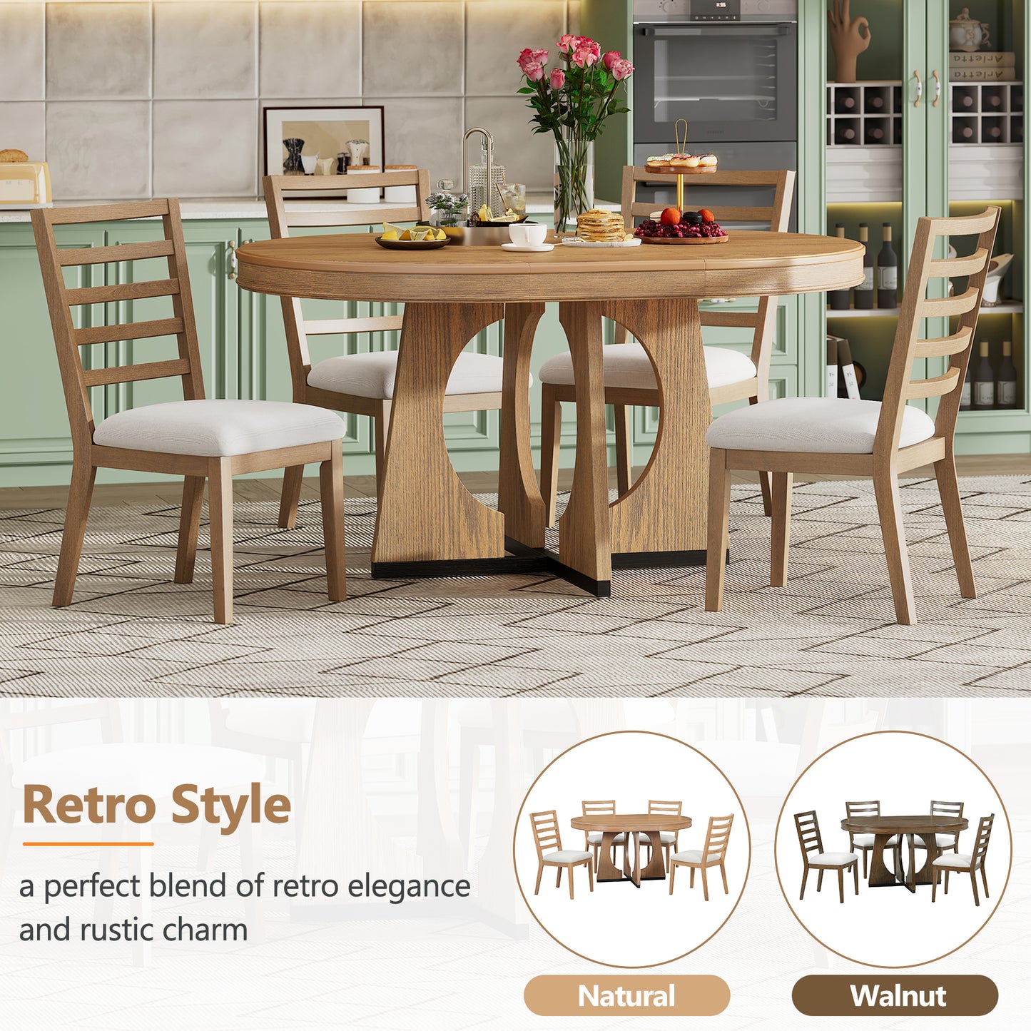 TREXM Round Dining Table For 4 With Chairs Set Extendable Dining Table Set With 16 Removable Middle Leaf 5 Piece Retro Dining Table Set Unique Geometric Design For Kitchen Dining Room Natural