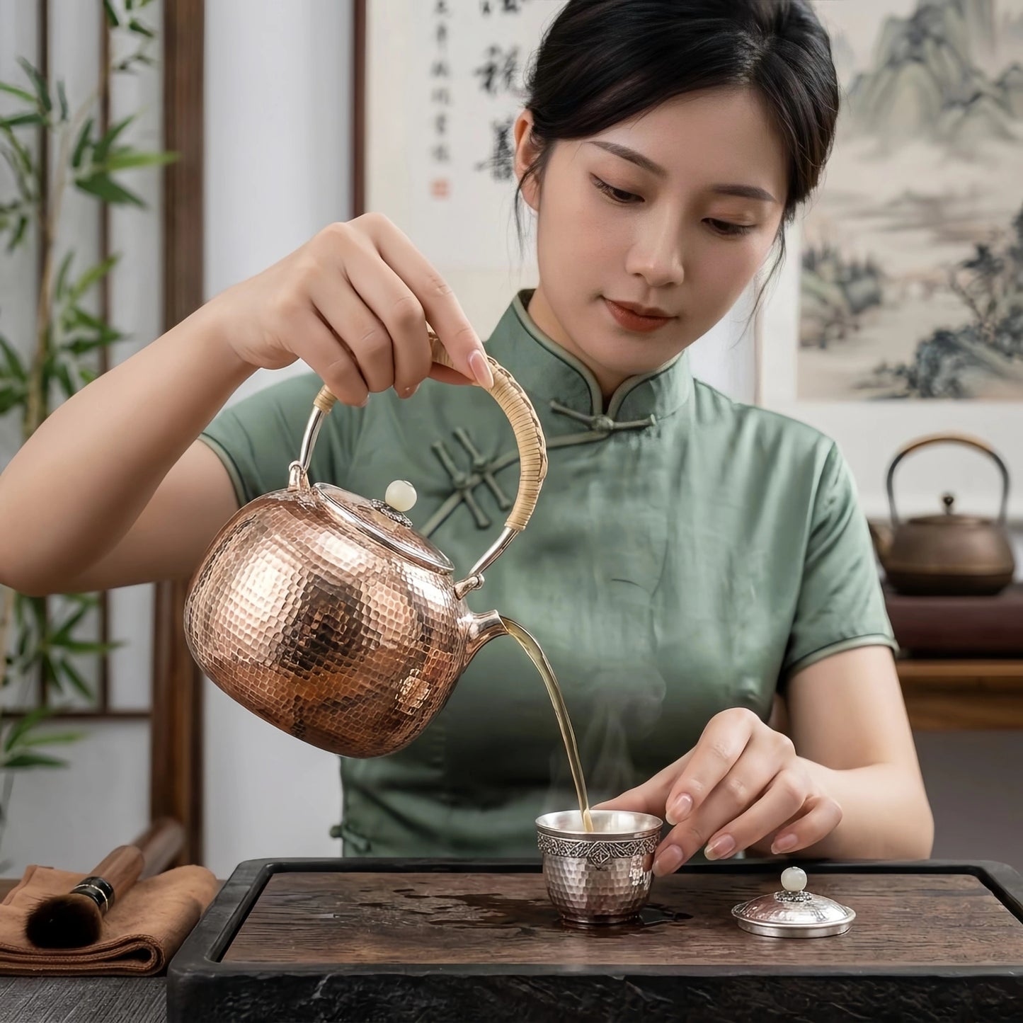 925 Sterling Silver Exquisite Hammered Metal Tea Kettle with Artisanal Woven Handle and Polished Stone Finial - Handicraft