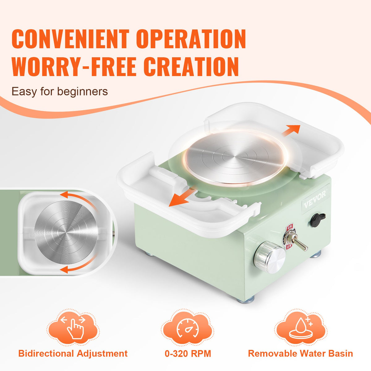 Mini Pottery Wheel, 0-320RPM Adjustable Speed Detachable Basin Forming Machine, 2.56in/3.94in 2 Turntables Electric Ceramic Wheel Machine, 18pcs Accessories, For Art Craft Work Home DIY, Green