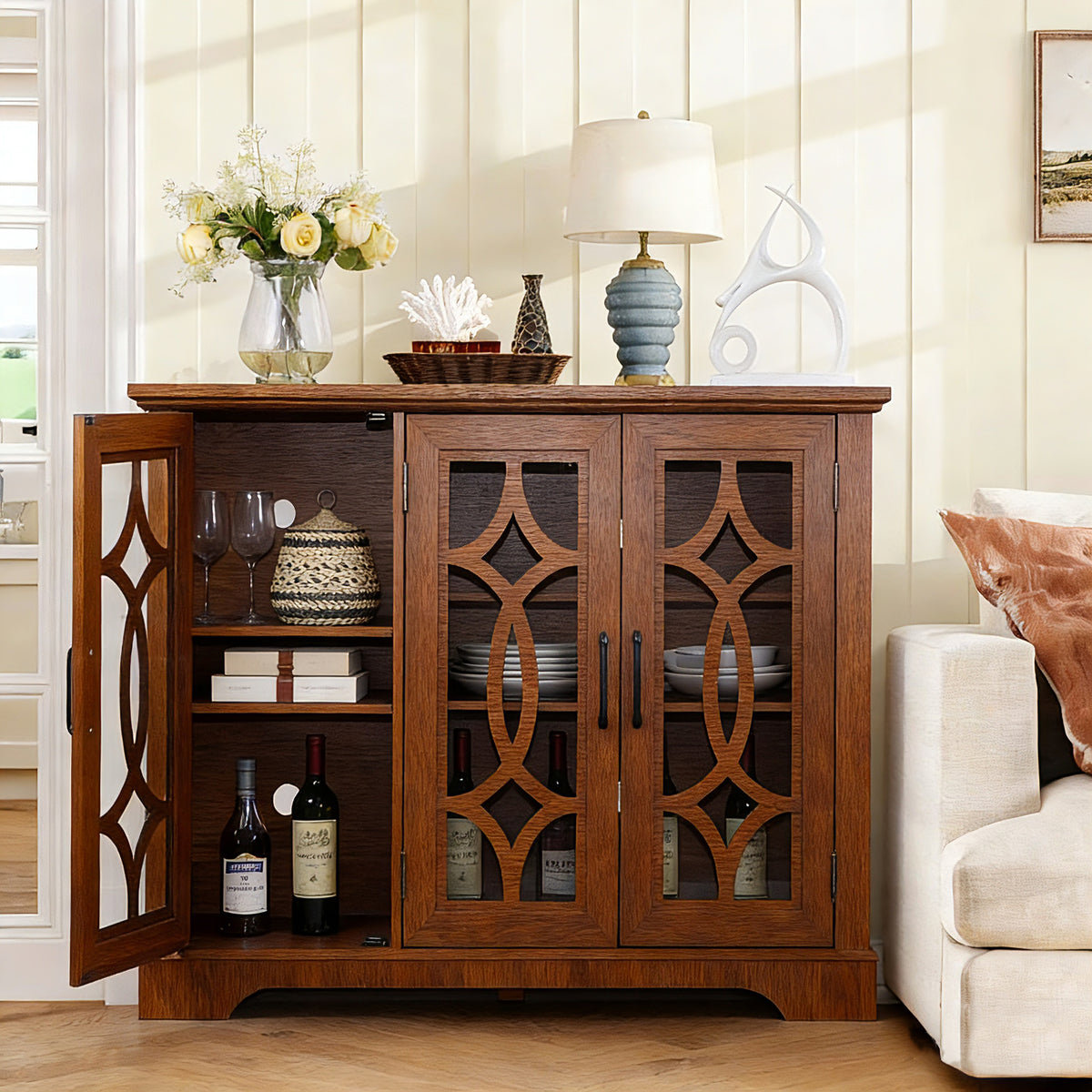 48.66 X 15.55 X 34.06in Spacious Size Sideboard 3 Clear Tempered Glass Doors Buffet With Adjustable Shelf, MDF With Dark OAK Decorative Laminates Storage Cabinet For Dinning Room, Kitchen,living Room