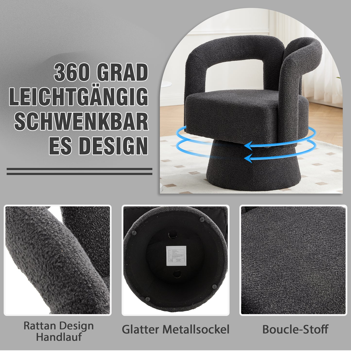 360 Degree Swivel Snuggle Barrel Accent Chairs, Round Armchairs With Wide Upholstery, Fluffy Fabric Armchair For Living Room, Bedroom, Office, Waiting Rooms, Dark Grey