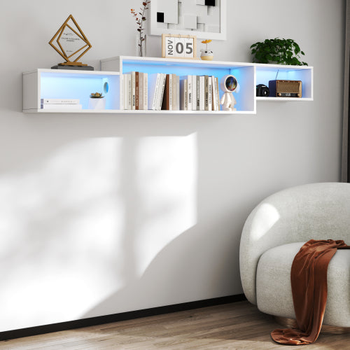 65.35in Wall Mounted Floating TV Stand With 20 Color LEDs And Charging Station