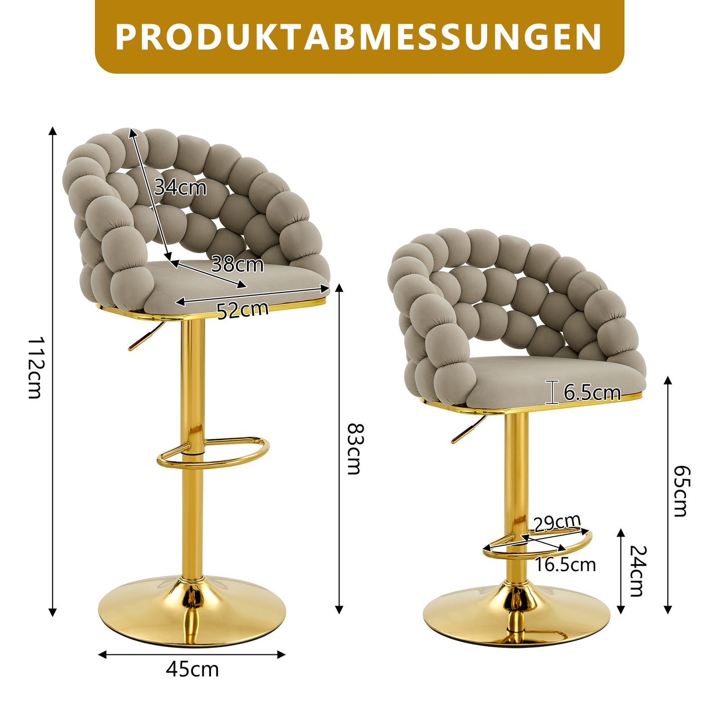 Grey Velvet Bar Stools Set Of 2 Ball Chain Backrest, Gold Plated Adjustment Frame, Stylish For Kitchen Island, Home Bar & Dining Area