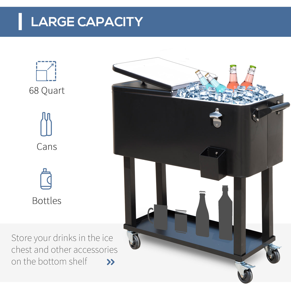 80 QT Rolling Cooling Bins Ice Chest On Wheels Outdoor Stand Up Drink Cooler Cart For Party, Black