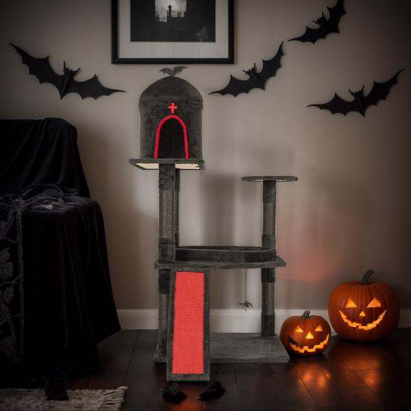 53in Gothic Cat Tree With Coffin Bed, Large Cat Tower With Spacious Cat Condo, Scratching Posts, Spider Hanging Toys, Scratching Board, Multi-Level Cat Activities Furniture For Large Cats, Red & Black