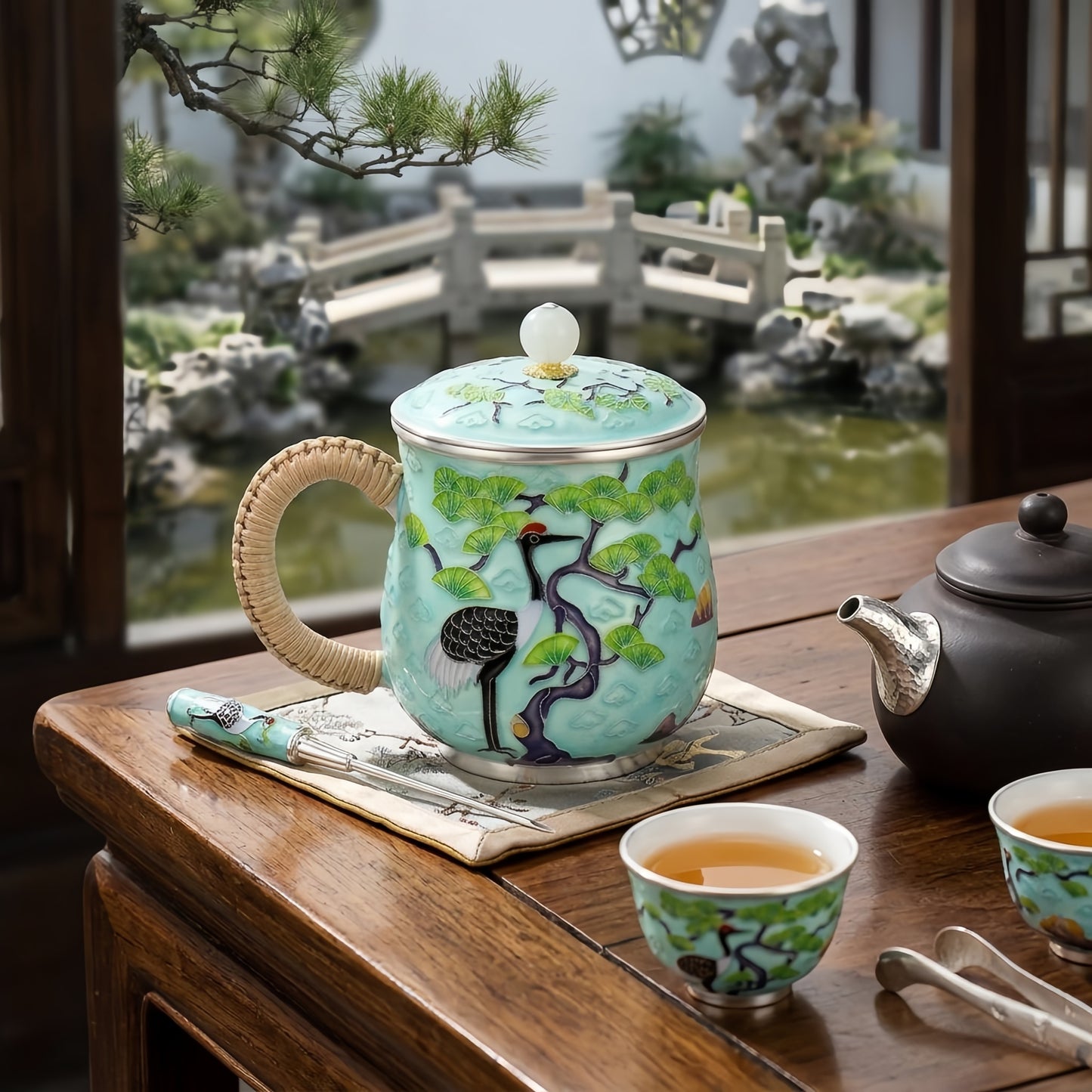 Pure 999 Fine Silver Ornate Cloisonné Crane Tea Mug with Woven Handle and Pearl Lid - Handicraft