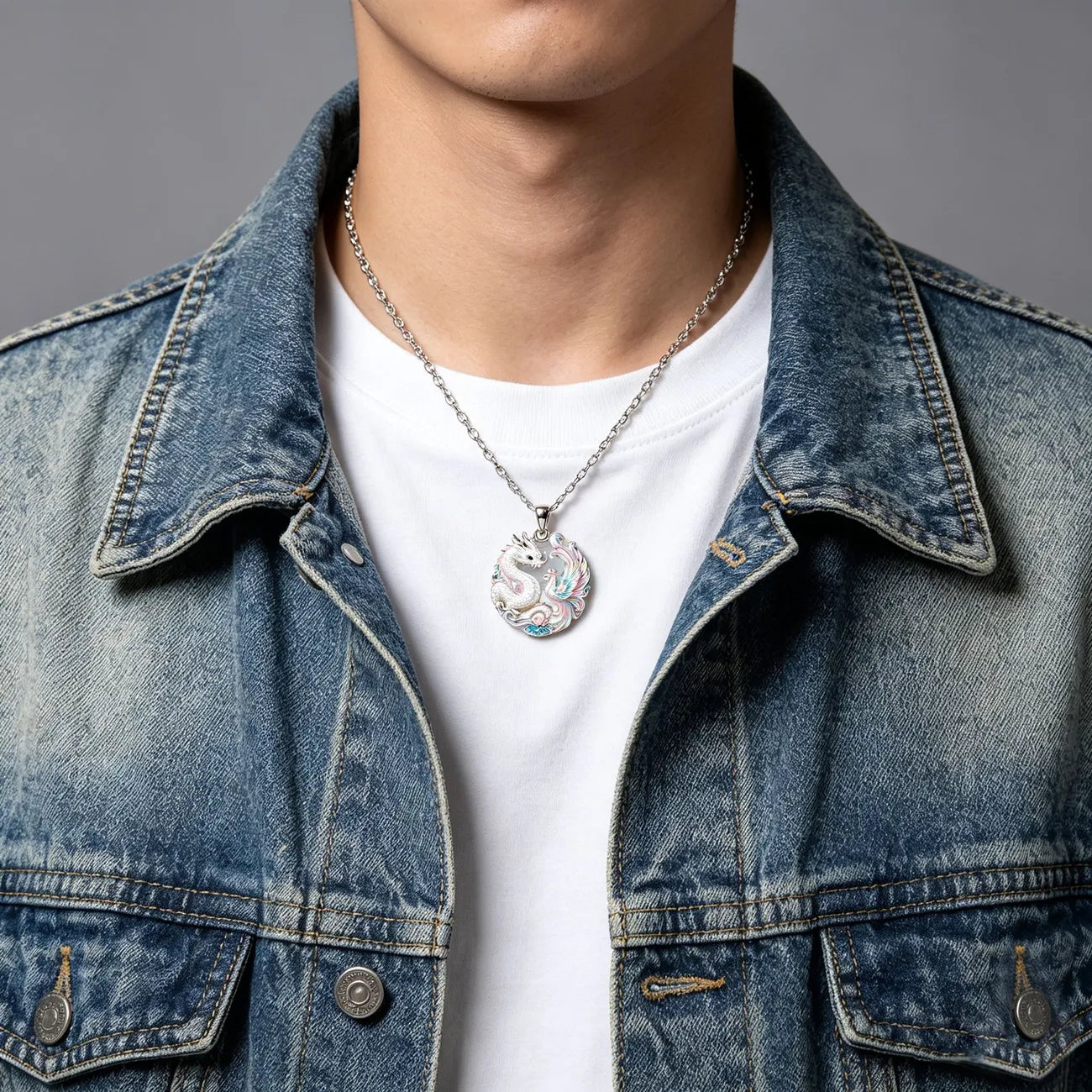 1pcs Gradient Enamel Hollow Dragon Phoenix Lotus Pendant Necklace, Elegant Oriental Style, For Daily Wedding Wear & Couple Lucky Holiday Gifts