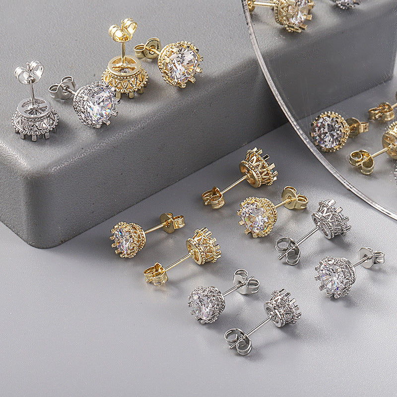 Korean-style Trendy Crown Zircon Stud Earrings With A Floral Design