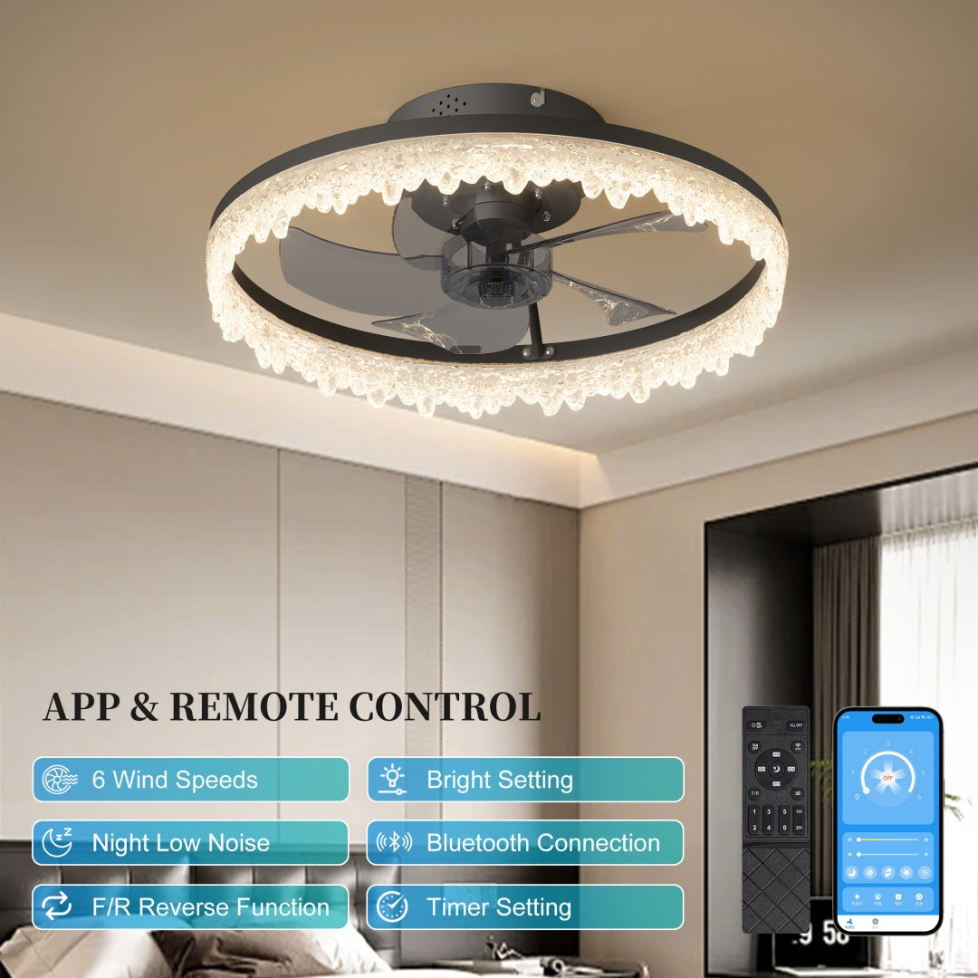 Smart Silent Elegant Black Ceiling Fan With Light - 16-inch Flush Mount LED Chandelier With 5 Invisible Blades, Remote Control & Timer, Dimmable Lighting For Bedroom, Living Room, Dining Room