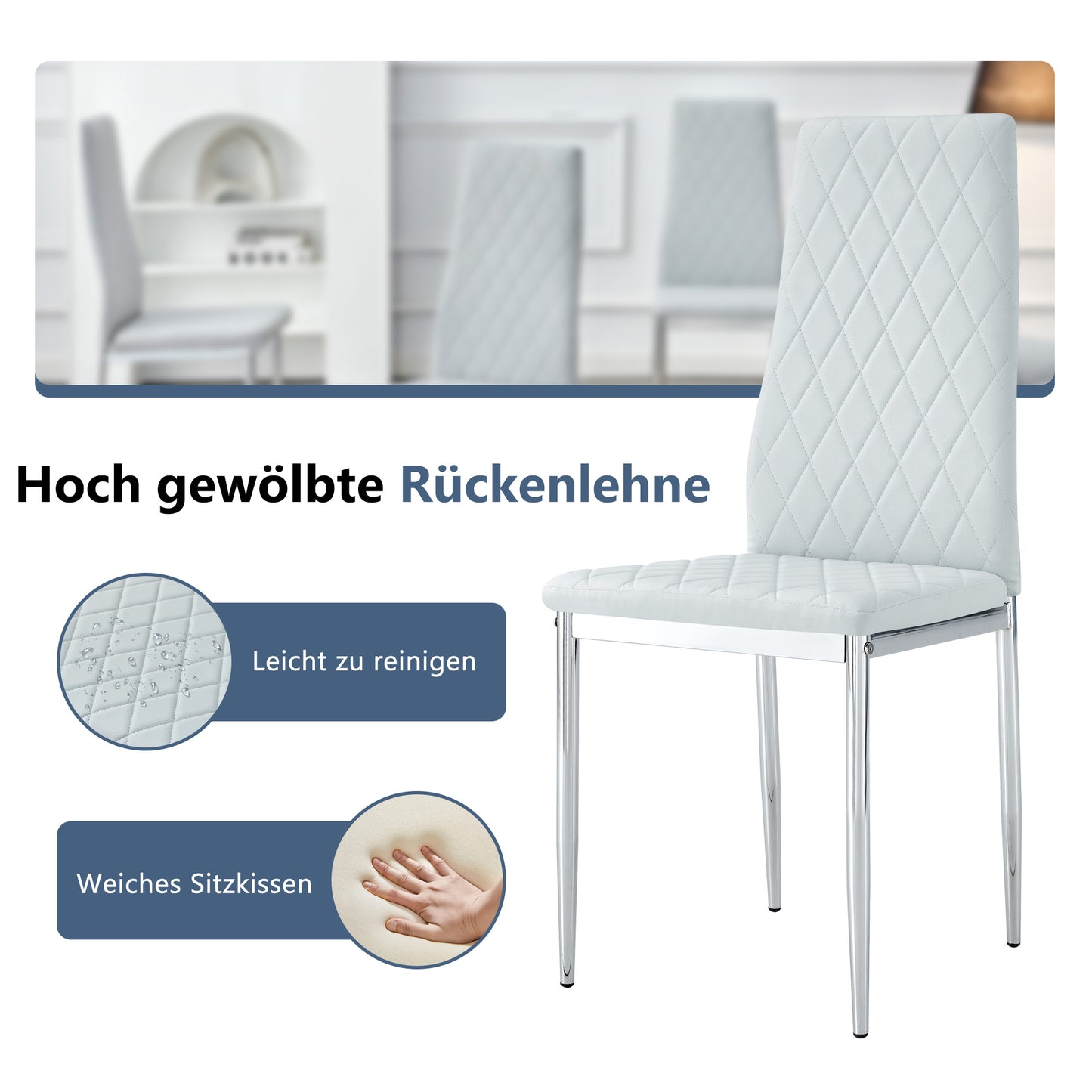Set Of 4 Dining Chairs, Light Grey, Diamond Pattern PU Leather, Metal Legs, Modern Chair For Kitchen, Living Room, Cafe & Home Office