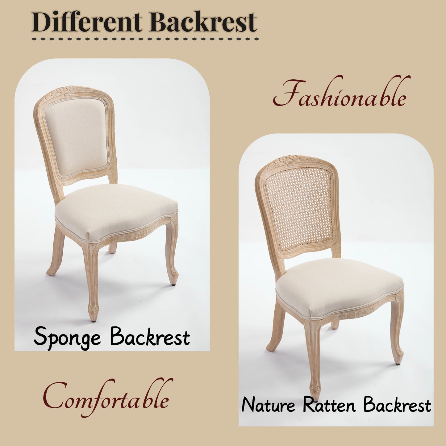 French Country Dining Chairs Set Of 2, Upholstered Chairs With Nature Rattan Fan-shaped Back, Wire Drawing And Carving Techniques ,Disassemblable , For Living Room, Kitchen , Restaurant Use, Beige