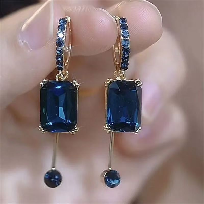 Light Luxury Blue Square Crystal Hoop Earrings, 2026 New Hot Niche Design Jewelry