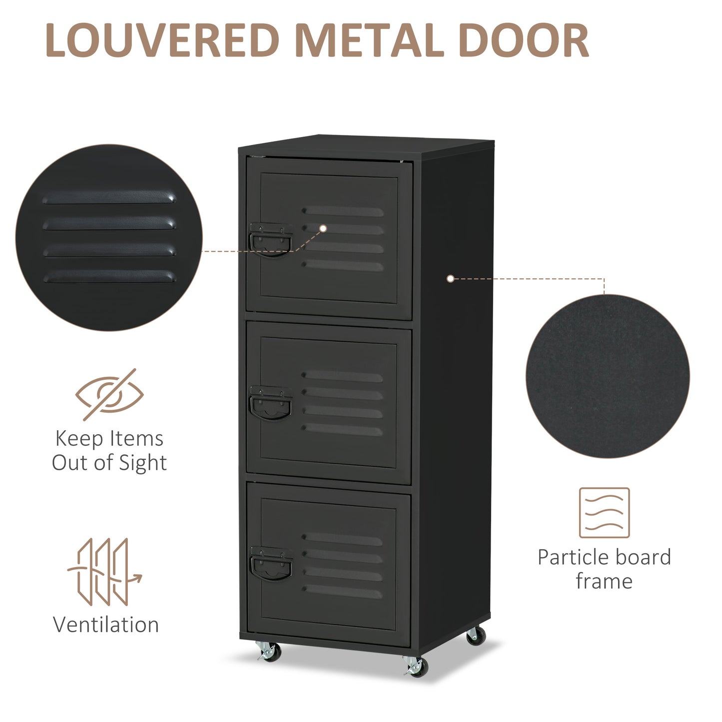 Rolling Storage Cabinet 3-Tier Mobile File Cabinet With Wheels & Metal Doors For Home Office, Living Room, Black