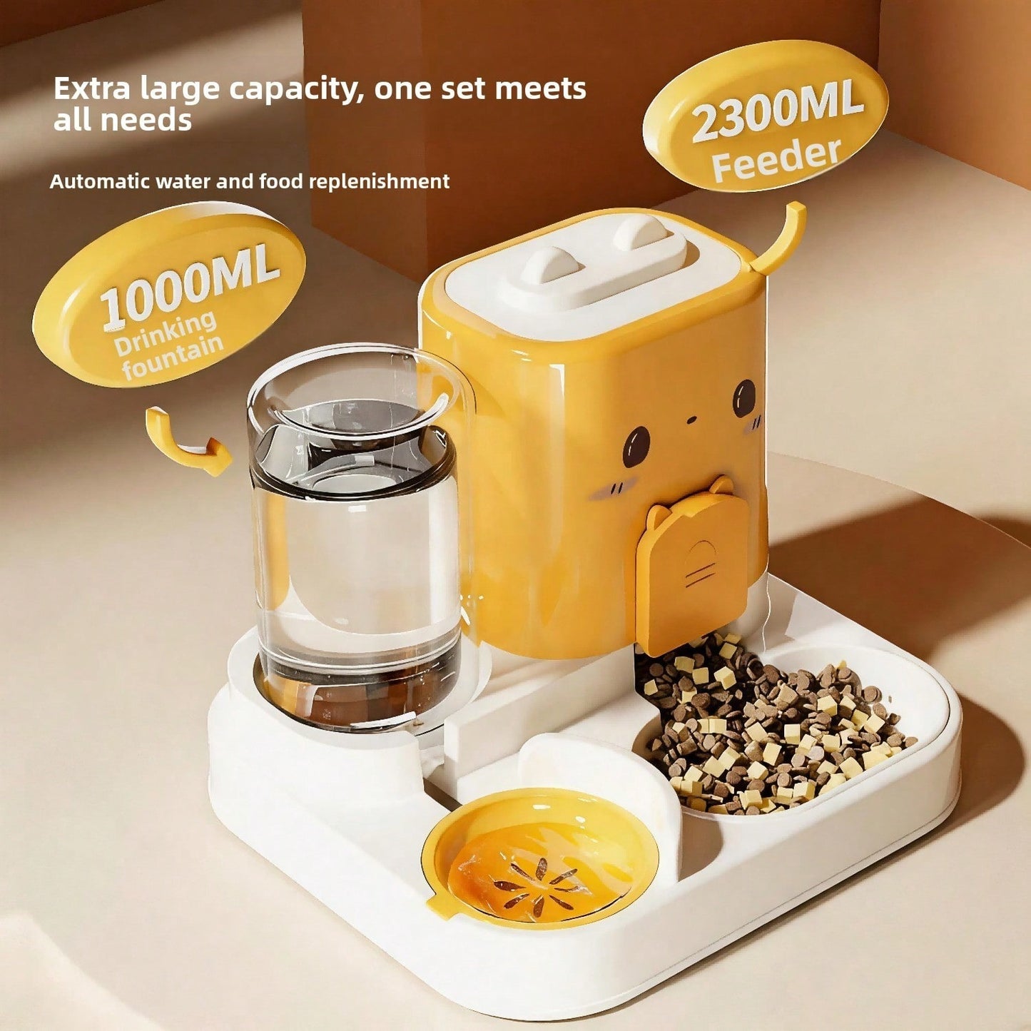 2 In 1 Automatic Pet Feeder And Water Dispenser, Large Capacity 2300ML Feeder & 1000ML Water Bowl, Gravity Refill Anti Spill Stable Pet Food Water Bowl For Cats Dogs, Yellow Pink Green Available