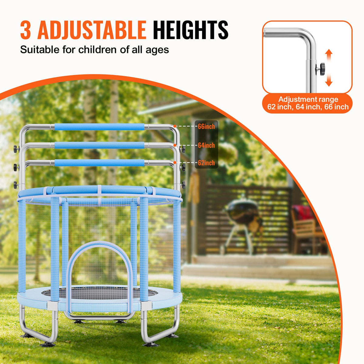 55" Kids Trampoline, 4.6FT Indoor Outdoor Trampoline, Mini Toddler Recreational Trampolinewith Safety Enclosure Net And Basketball Hoop, Birthday Gifts Christmas Toys For 3+ Years Children, Blue