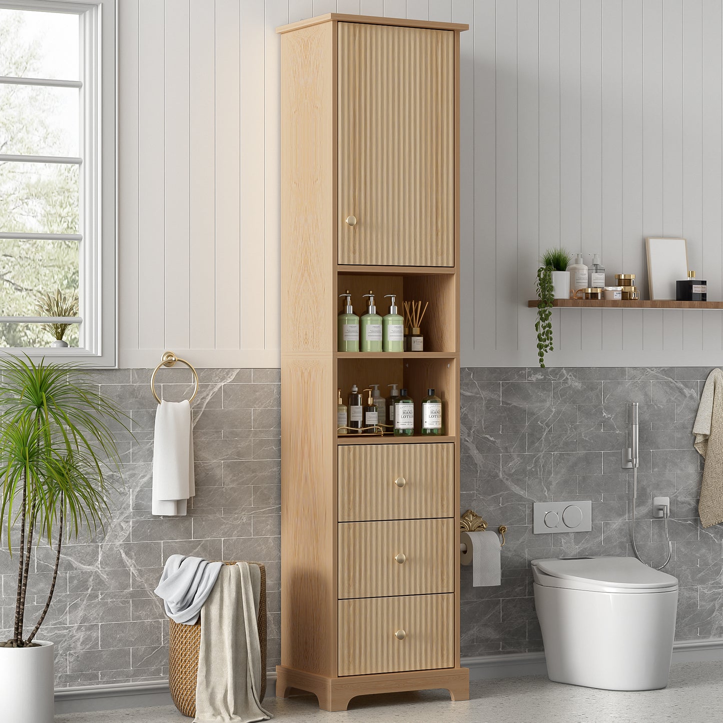 40x30x172cm Bathroom Cabinet, PVC Thermoformed Board, Vertical Stripe Pattern, Three Drawers, One Body, Two Open Shelves, Adjustable Shelves, Natural Wood Color.