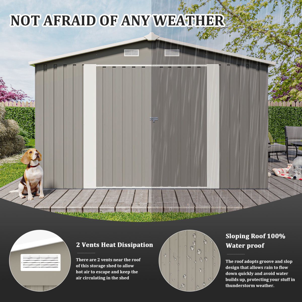 Campcraft Outdoor Storage Shed 10x14 FT With 3 Lockable Doors,4 Air Vents & Sloped Roof,Utility Tool Shed Metal Storage Garden Sheds Frame And 4 Vents,for Backyard,Patio,Lawn,Light Grey