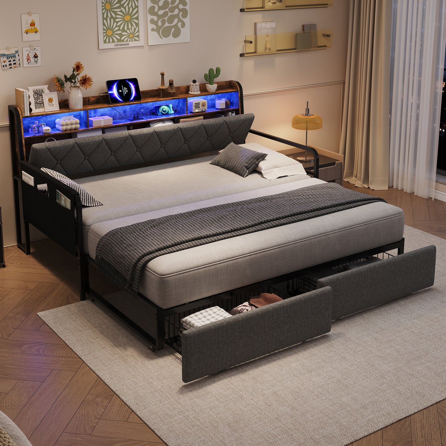 3ft Single Daybed With Pull-out Trundle And Storage Drawer, Walnut Wood Sofa Bed With LED Lighting And Charging Station, Concealed Headboard Storage, Reversible Side Pocket, Linen, Grey No Mattress