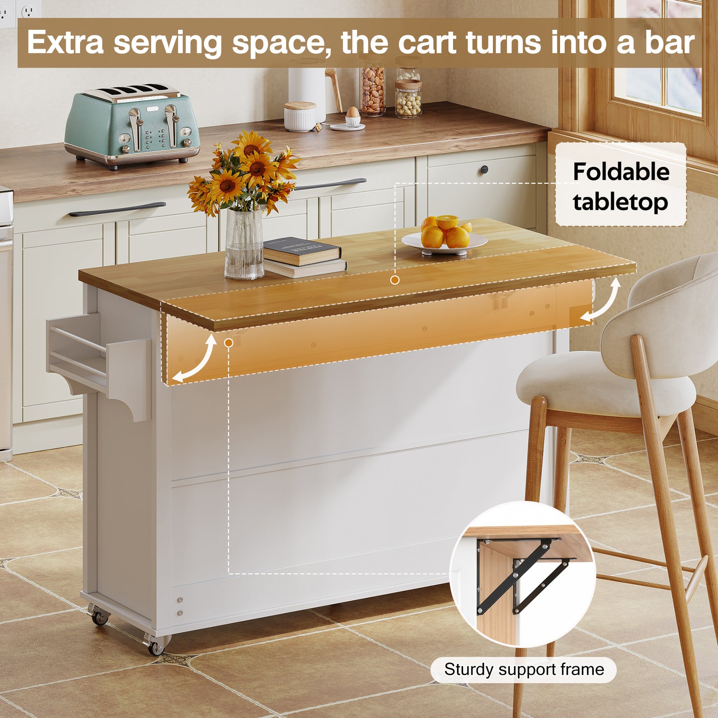 Kitchen Island On Wheels, Rolling Storage Trolley With Foldable Tabletop, 5 Lockable Wheels, 4 Doors, 3 Drawers, Double-sided Storage Racks, Towel Holder, Barn Style Design, White, 140x43 70 X90.5 Cm