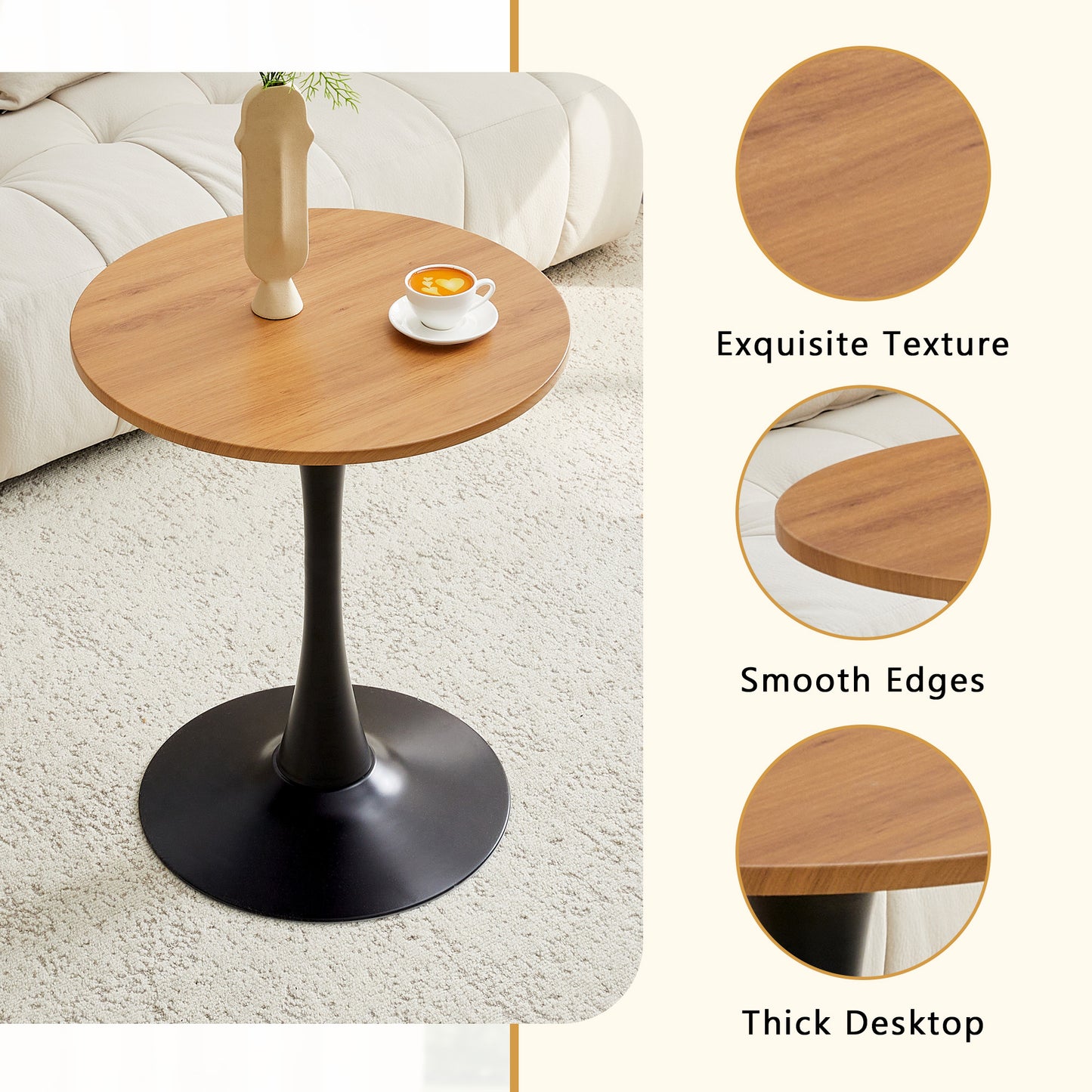 Round Dining Table, 23.6in Circle Tulip Table With Thickened Tabletop & Metal Pedestal, Mid Century Modern Bistro Table For Kitchen, Small Places, Living Room, Cafe Faux Wood