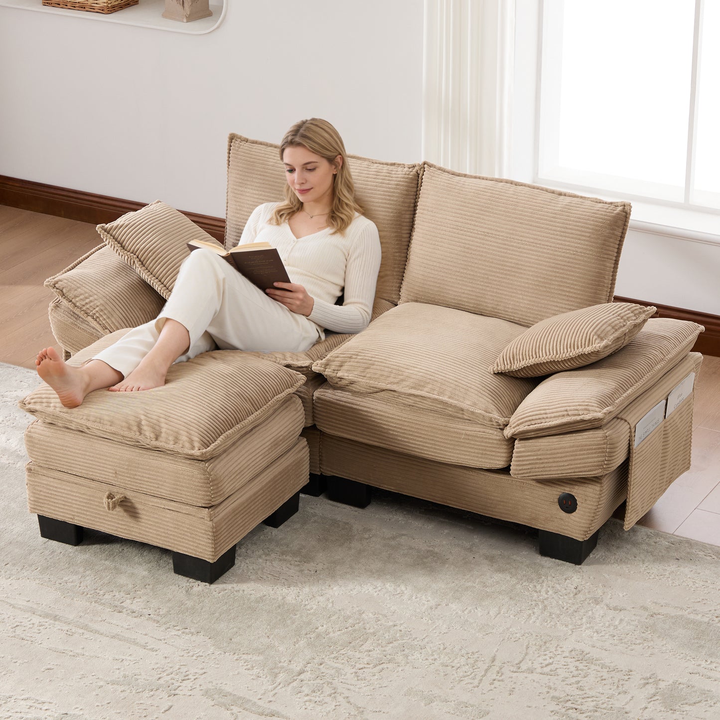 Modular 2-seater Corduroy Sofa With Stool Wide Seat, Ergonomic Design, High-density Foam Padding, USB-C Port And Side Pockets. Ideal For Living Room, Office Or Lounge.Khaki
