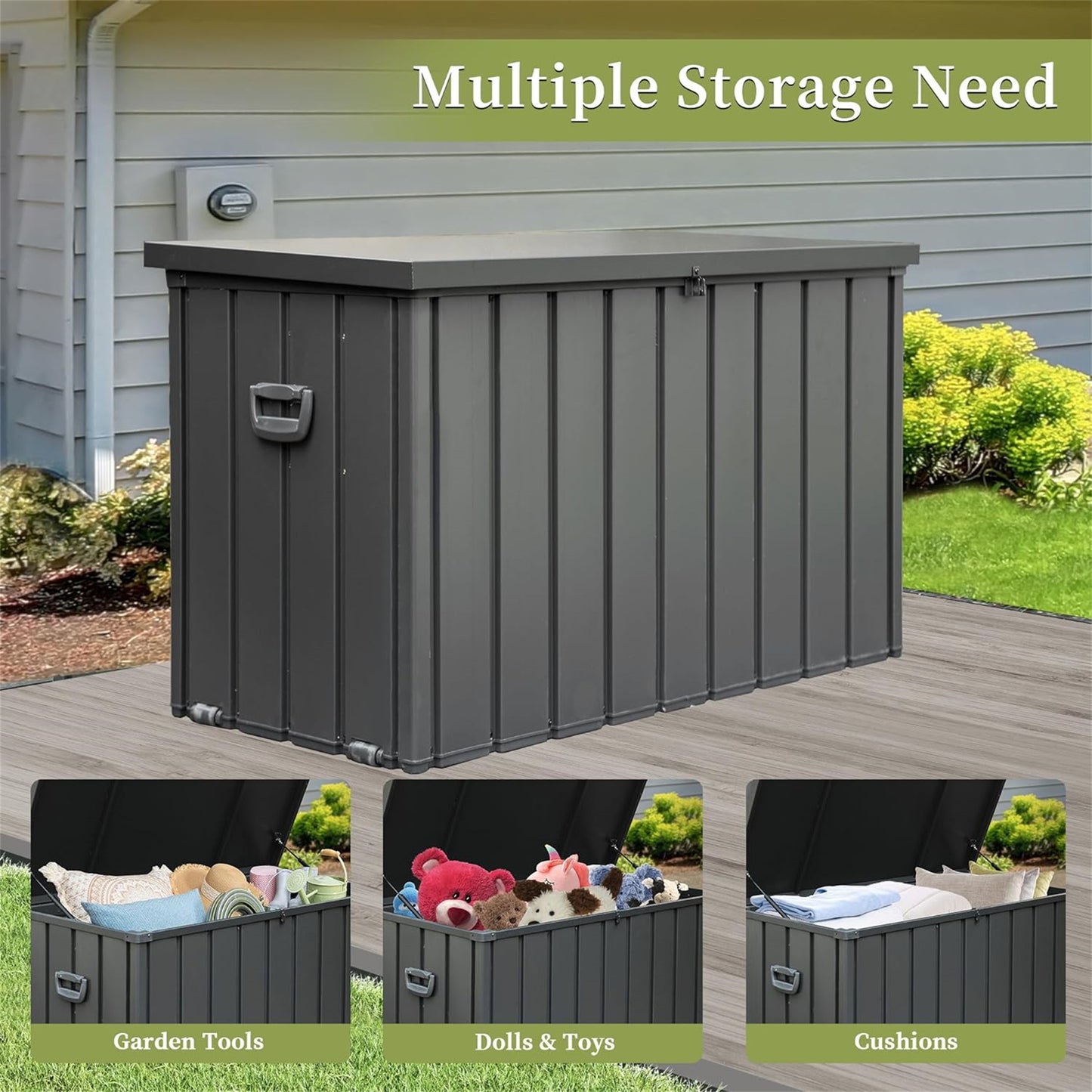 200 Gallon Outdoor Storage Deck Box Waterproof, Large Patio Storage Bin For Outside Cushions, Throw Pillows, Garden Tools, Lockable Dark Gray