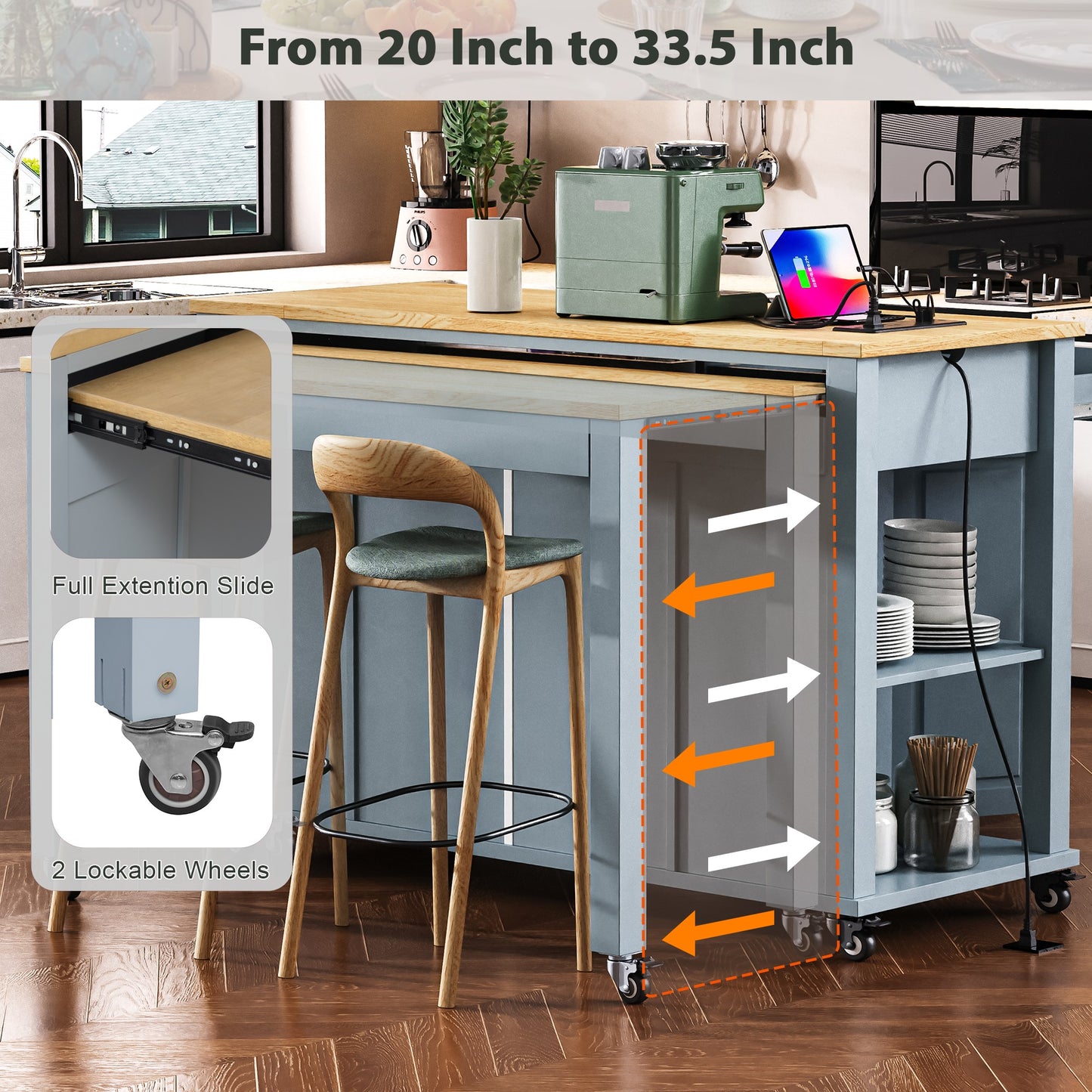 K&K 47 Inch Kitchen Island With Extendable Dining Table, Rubber Wood Veneer Kitchen Table With Internal Storage Rack, Power Outlet, Kitchen Island With Storage 2 Drawers 2 Cabinet,Grey Blue