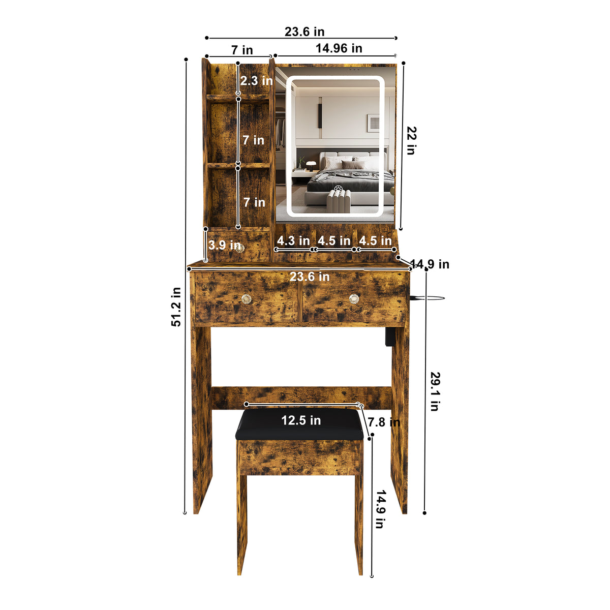 Modern Small Vanity Desk Featuring 3 Modes Of LED Lighting With Adjustable Brightness 3 Drawers And Multiple Open Storage Shelves A Hair Dryer Holder And Power Socket And A Dressing Chair. Brown