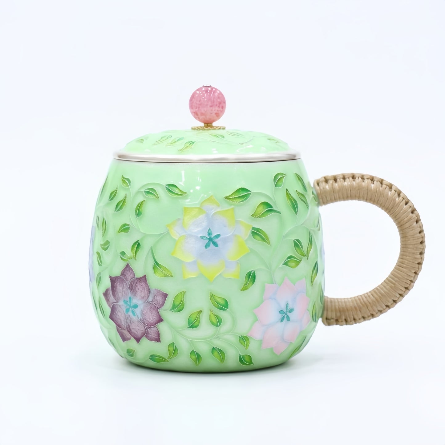 Pure 999 Fine Silver Elegant Mint Green Floral Tea Mug with Woven Handle and Rose Quartz Lid Finial - Handicraft