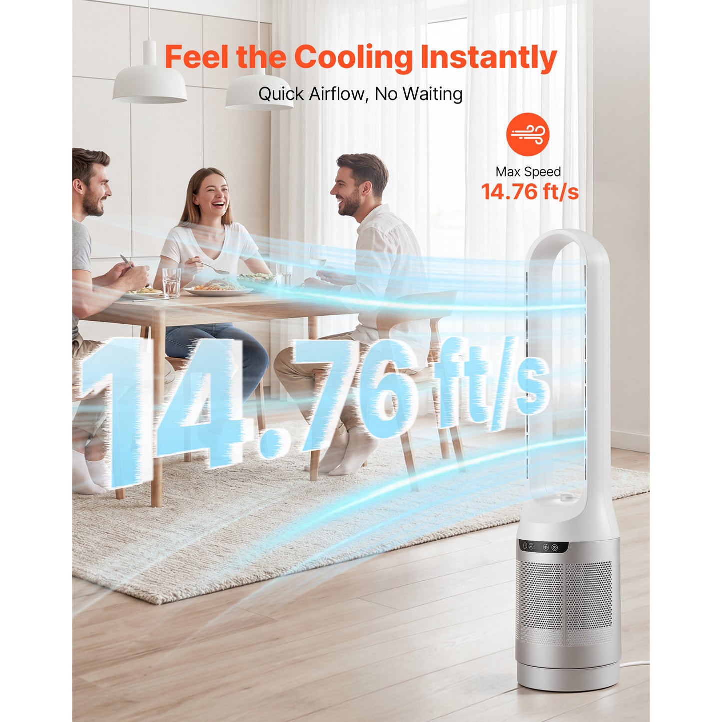 Bladeless Tower Fan, 65 Oscillating Standing Fan, 12 Speeds & 4 Modes & 8H Timer, 14.76 Ft S High Velocity Floor Air Circulator, Powerful Airflow For Bedroom, Living Room, Home, Office, White