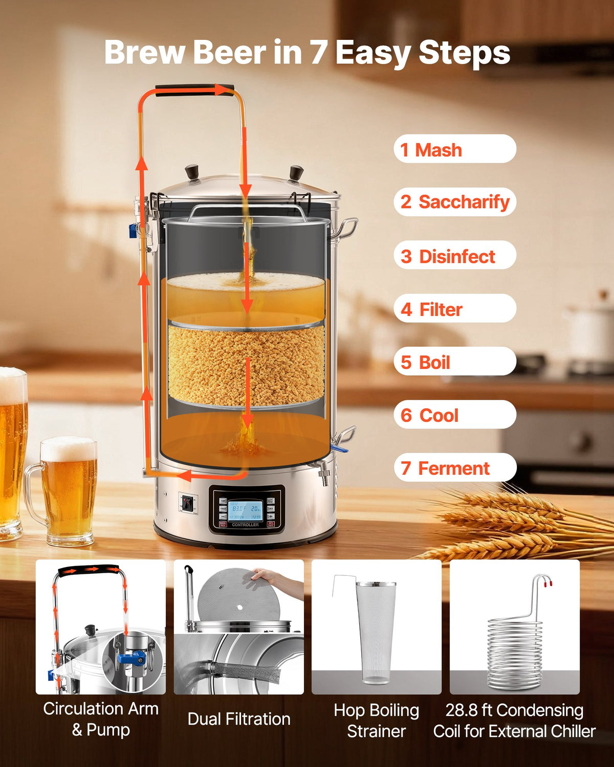 Beer Brewing Equipment, 16 Gal/60L Beer Maker With Anti-Burn Pump And Wort Chiller,3000W All-in-One Home Brewing Kit With Digital Control, Recipe Memory & Timer, Removable Mesh Strainer