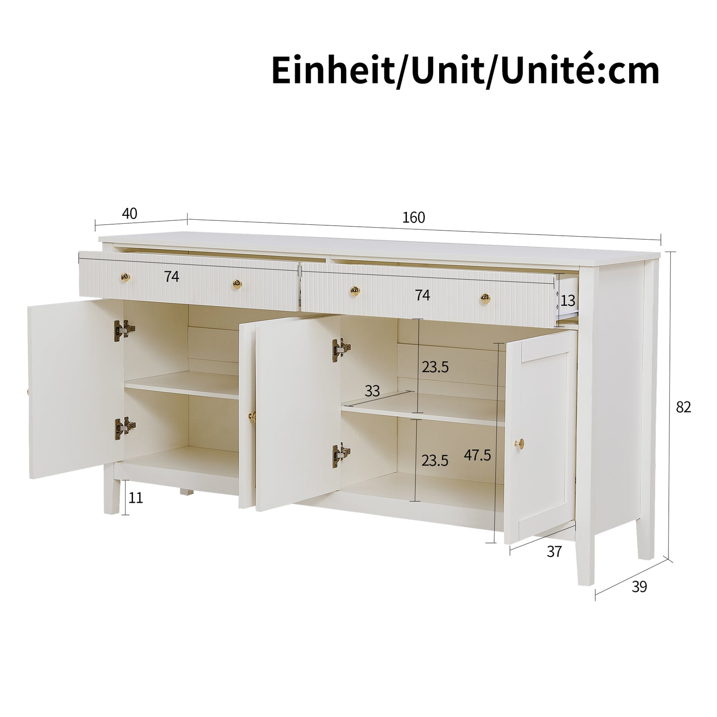 Stylish White Dining Room Sideboard With 2 Drawers And 4 Doors Elegant Buffet For Kitchen, Dining Room & Living Room With Golden Handles And Generous Storage Space. OLD SKU GL3234W