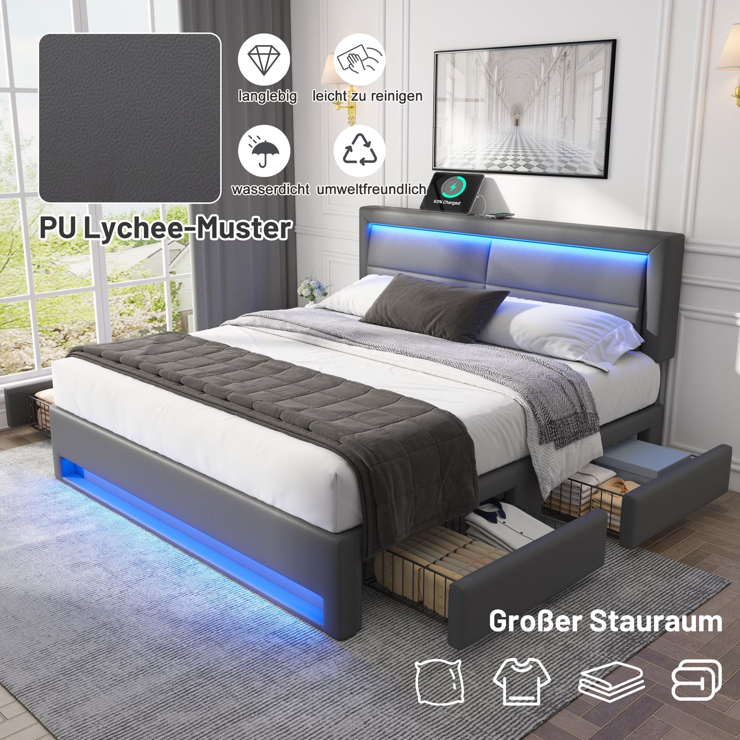 Tufted Bed 140 X 190 Cm With USB Port Supports Wireless And Wired Charging , With LED Lighting And Four Storage Drawers, Without Mattress, PU Lychee Design, Grey OLD SKU-3256234AAG