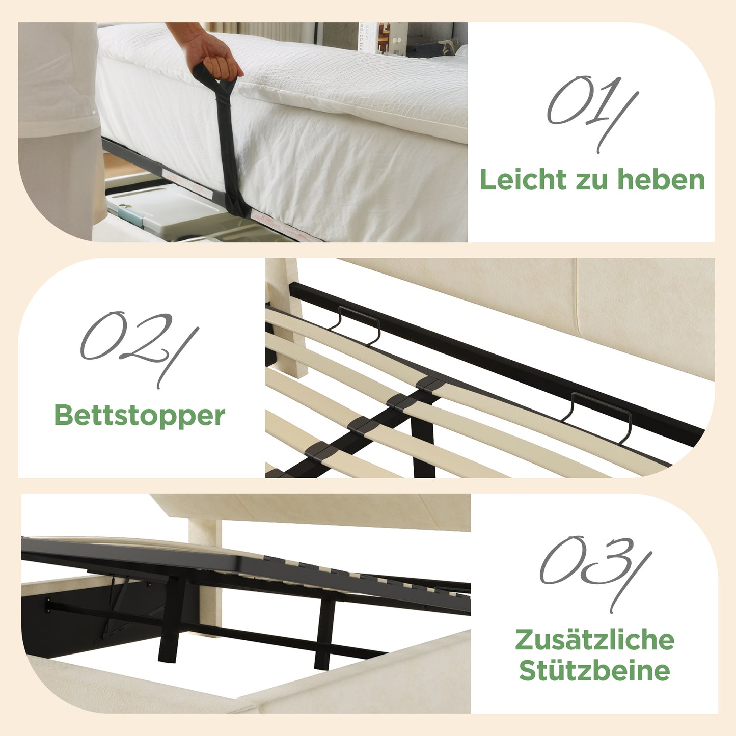 Upholstered Bed Double Bed 140x200 Cm With Height-adjustable Storage Headboard, Hydraulic Bed With LED Lighting & USB Type-C Charging Station, Velvet, Beige, Incl. Slatted Frame Without Mattress