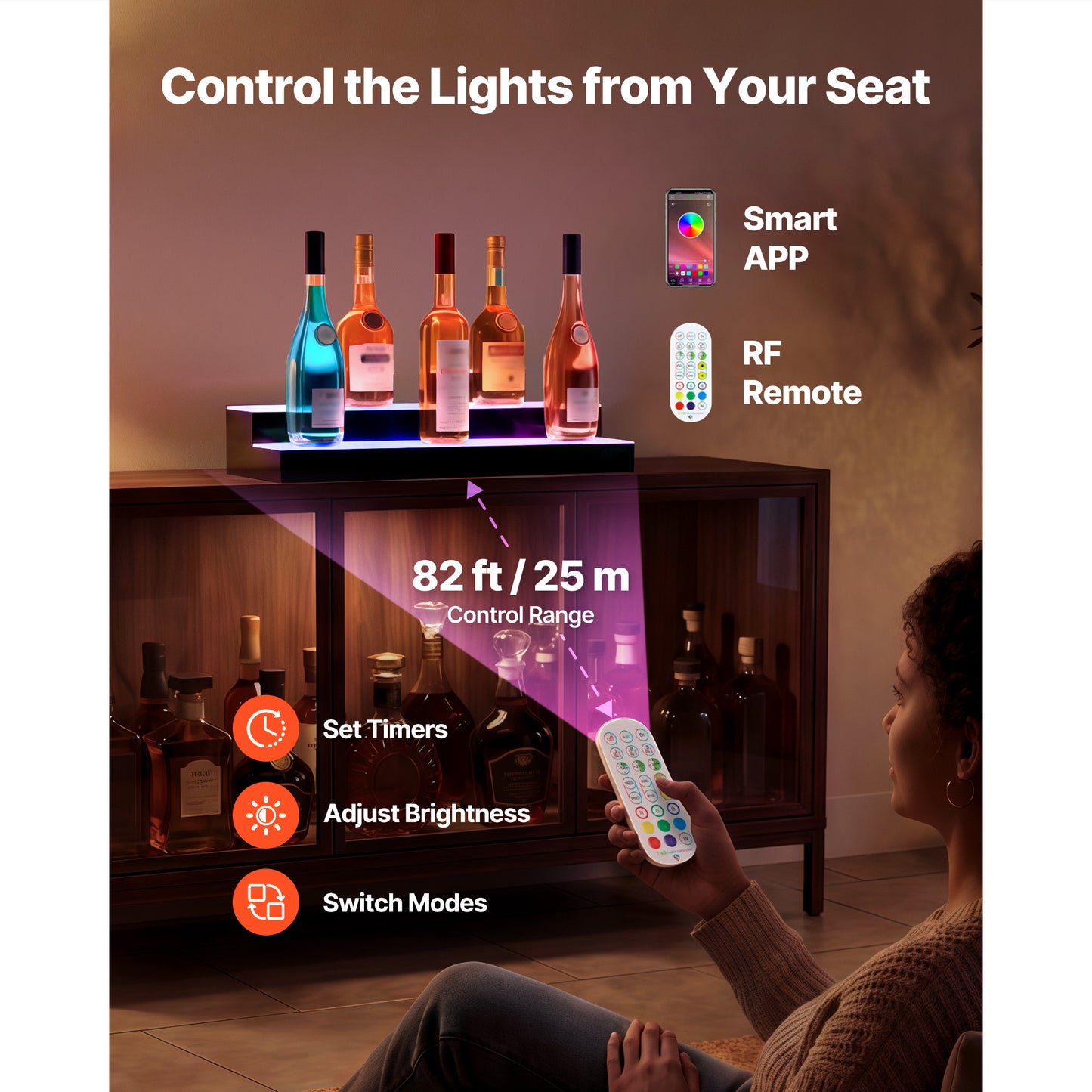 LED Lighted Liquor Bottle Display, 2 Tiers 24 Inches, Supports USB, Acrylic Illuminated Home Bar Shelf Display With RF Remote & App Control, 9 Static Colors, Timing Mode, For 12-16 Bottles