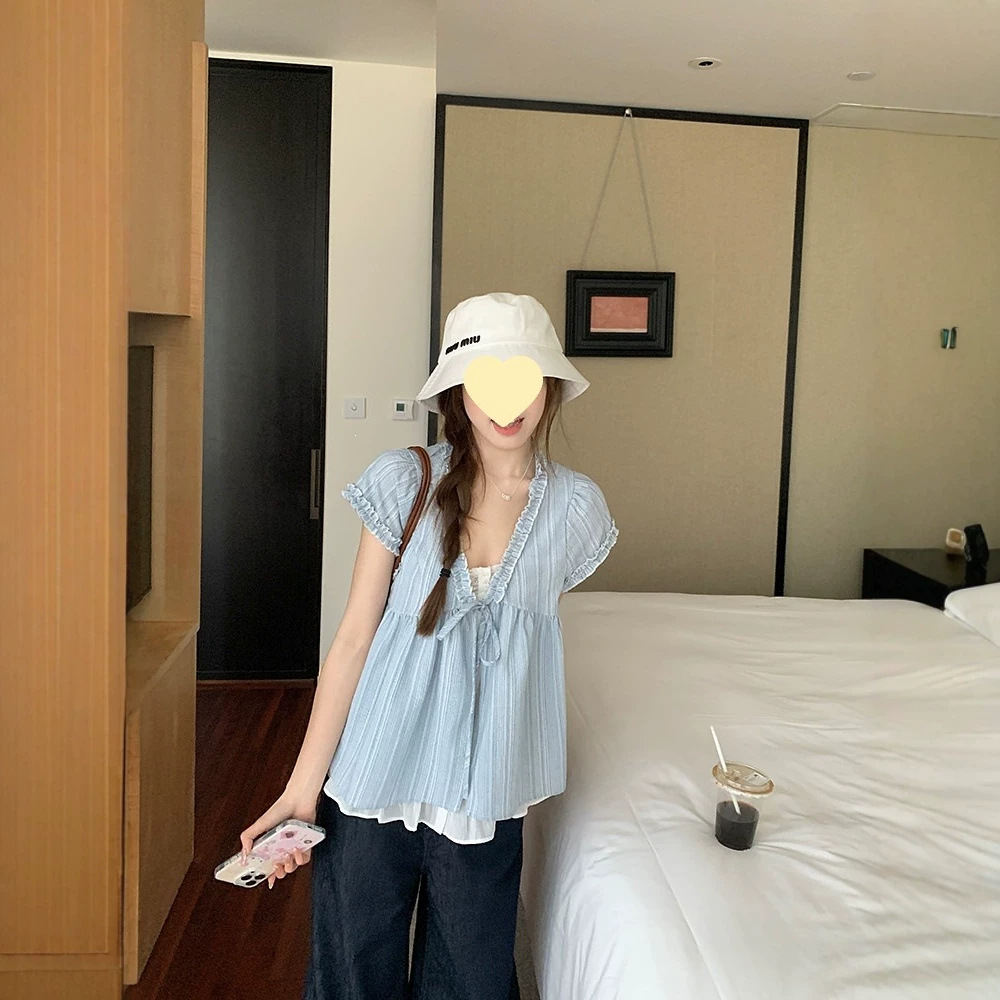 Korean-style Frilly Hem Loose-fit Korean-style Mock Two-piece Short-sleeved Blue