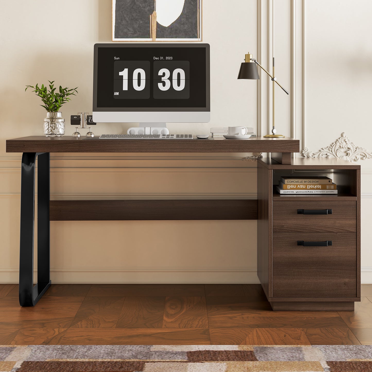 135x54cm Modern Minimalist Style Desk, MDF Desk Top With High Quality Steel Tube, Super Resilient, Multifunctional Storage Design, Noiseless Drawer, Folder Locker