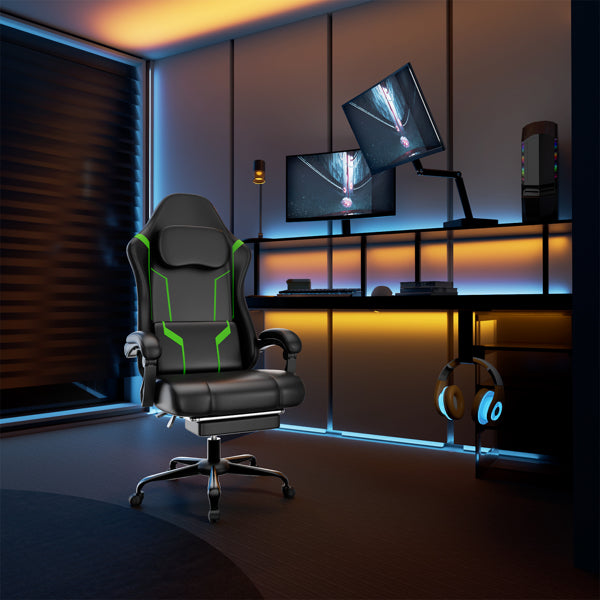 Ergonomic Gaming Chair, Video Game Chair With Pocket Spring Cushion And Footrest, Height Adjustable Computer Chair With Swivel Seat And Headrest Faux Leather, Green