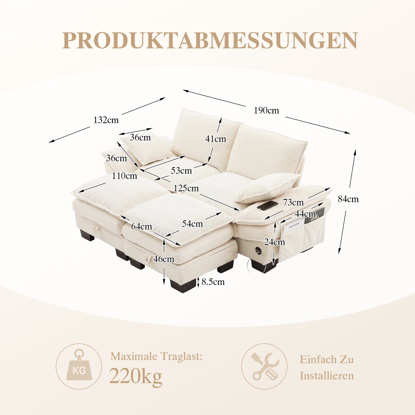Modular 2-seater Corduroy Sofa With 2 Stools Wide Seat, Ergonomic Design, High-density Foam Padding, USB-C Port And Side Pockets. Ideal For Living Room, Office Or Lounge