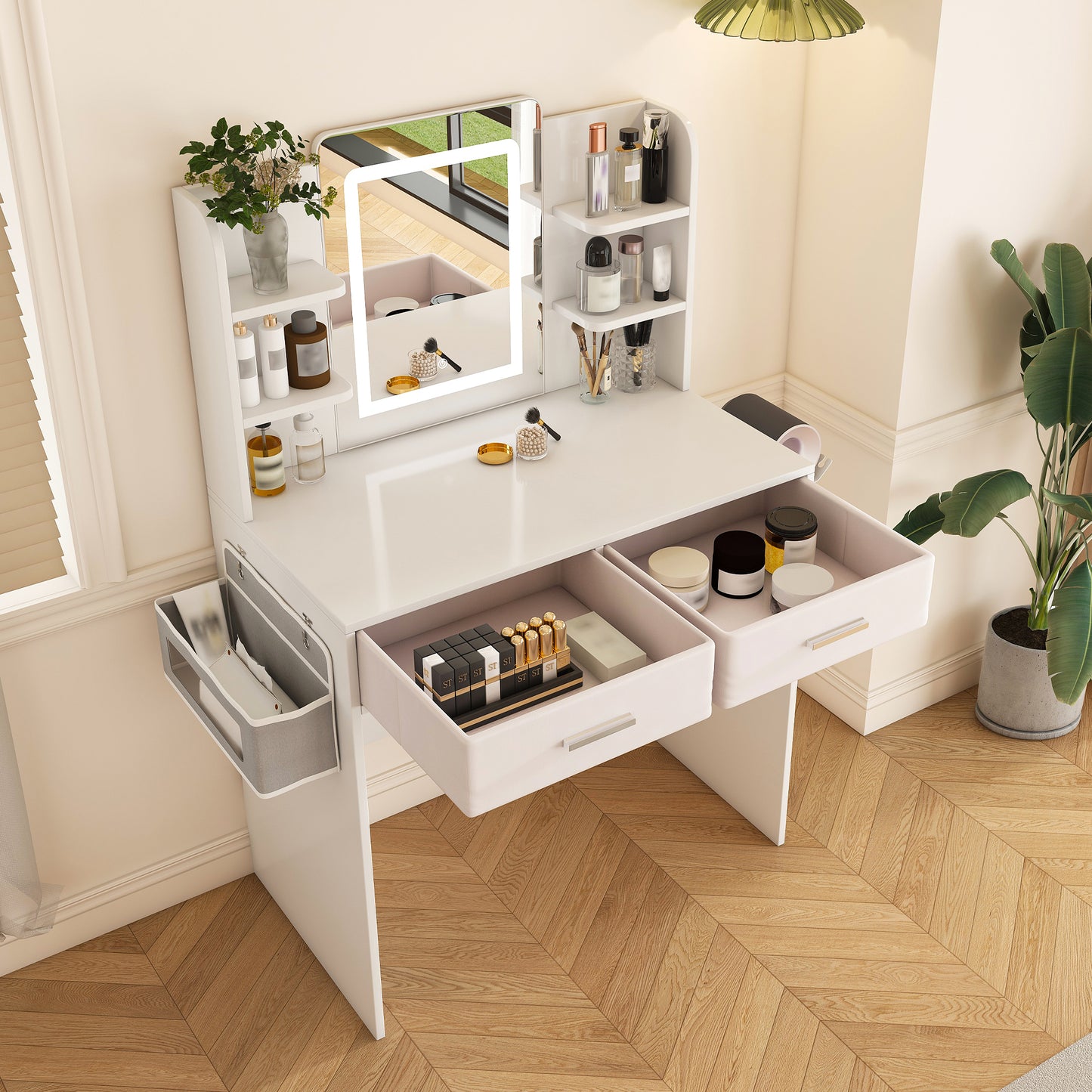 LED Mirror Vanity Dressing Table With Lights For Women & Girls - 3-Color Adjustable Light Strips 2 Large Drawers Hair Dryer Stand & Non-Woven Storage Bag Makeup Desk Bedroom Furniture
