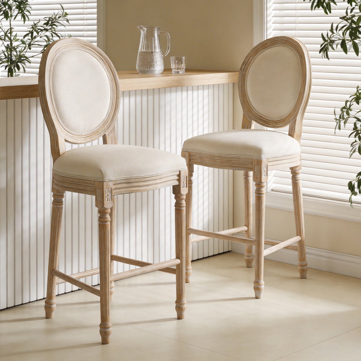 French Country 26 Height Bar Chairs Set Of 2, Upholstered Chairs With Round Back, Wire Drawing And Carving Techniques ,Disassemblable , For Living Room, Kitchen , Restaurant Use, Beige