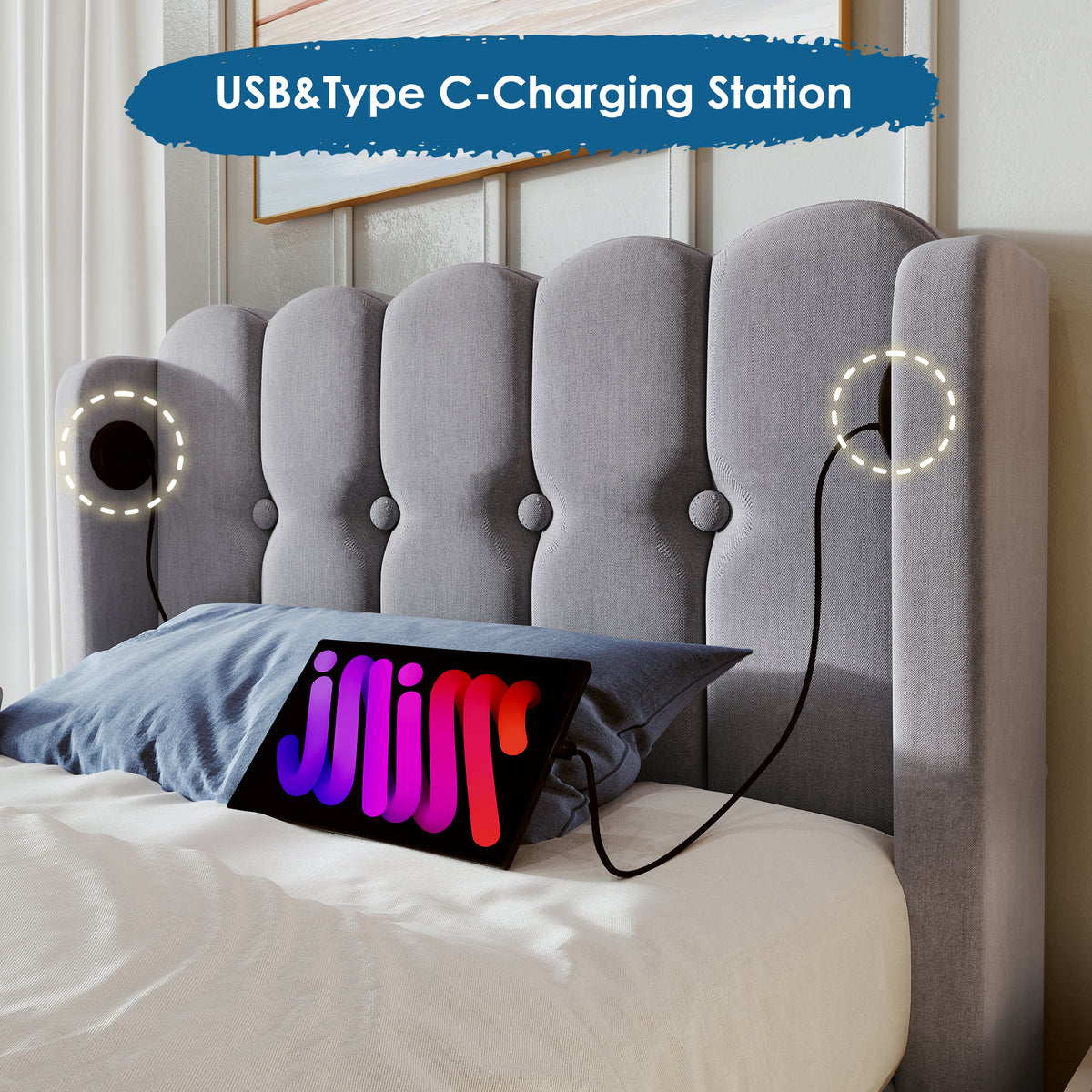 Upholstered Single Bed With USB And Type-C Charging, Bed Frame With Wooden Slatted Frame, Teenager Bed For Bedroom & Guest Room, 3ft 90 X 190 Cm Bed Frame, Grey, Linen Material